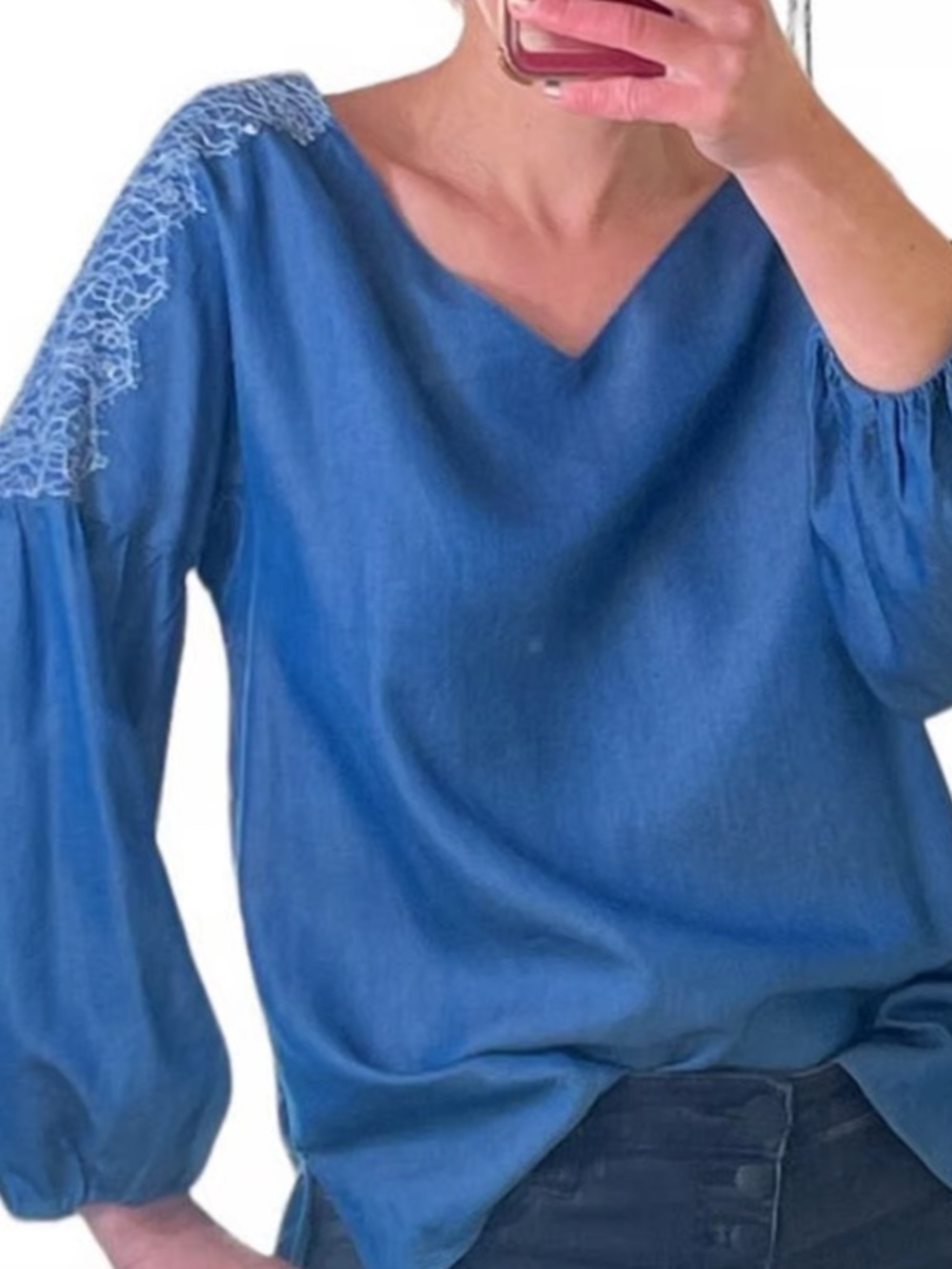 MASSIMO DUTTI TUNISIAN SPUN CHAMBRAY TOP WITH FLORAL APPLIQUE SHOULDERS 6 US